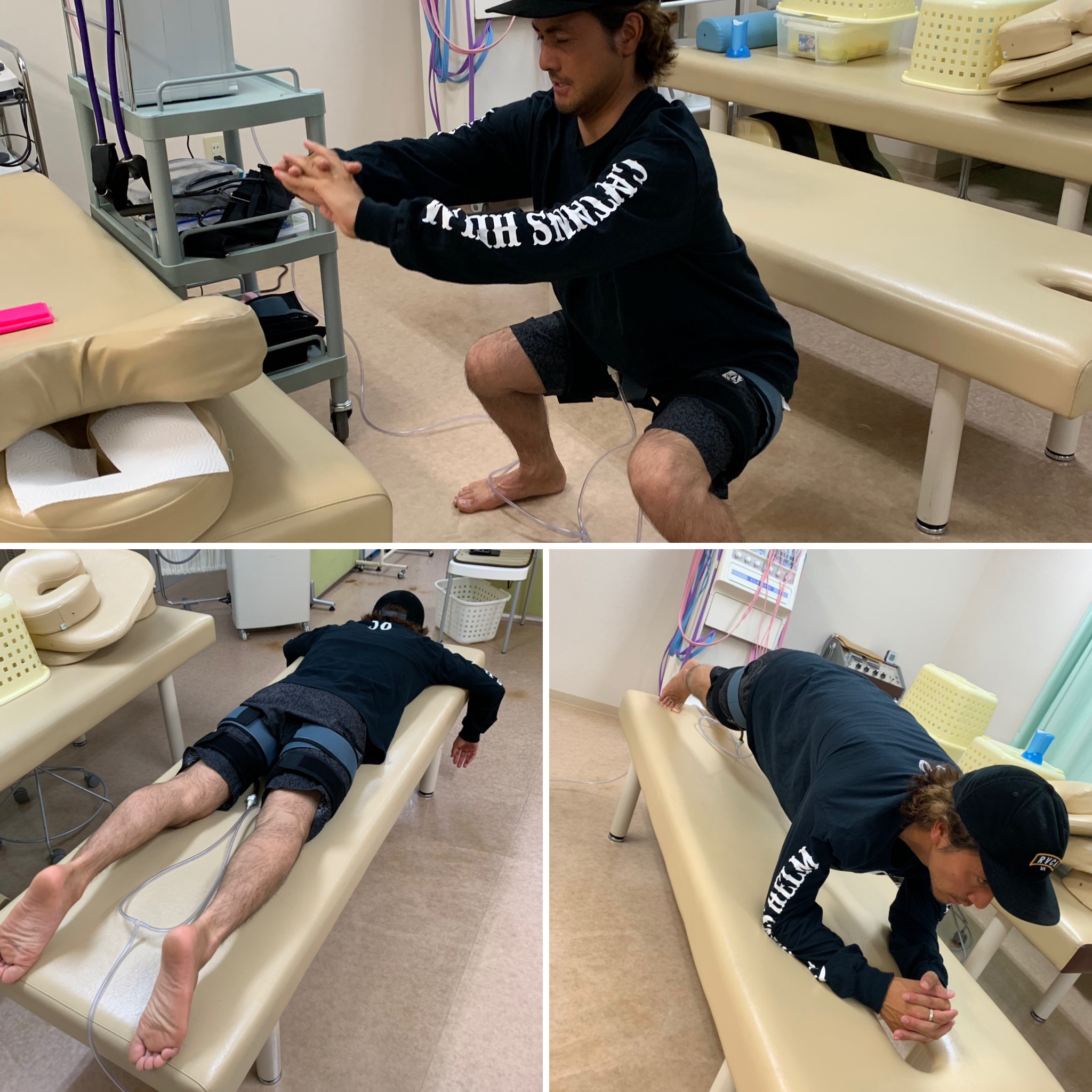 辻堂海浜整骨院で加圧トレーニングをするプロサーファー笹子夏樹さん